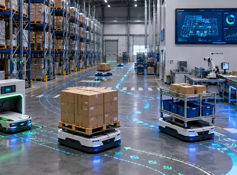Autonomous mobile robots moving goods in a smart warehouse