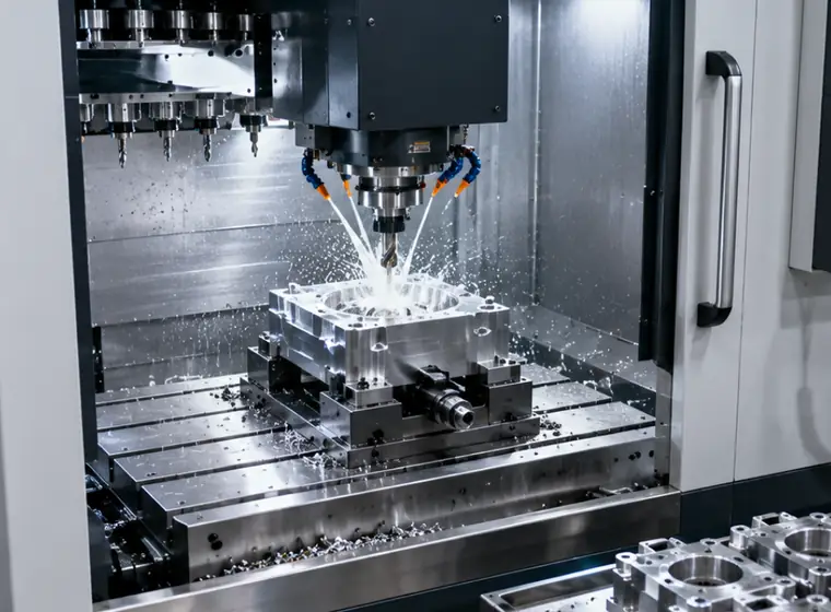 CNC machining centre cutting a metal component