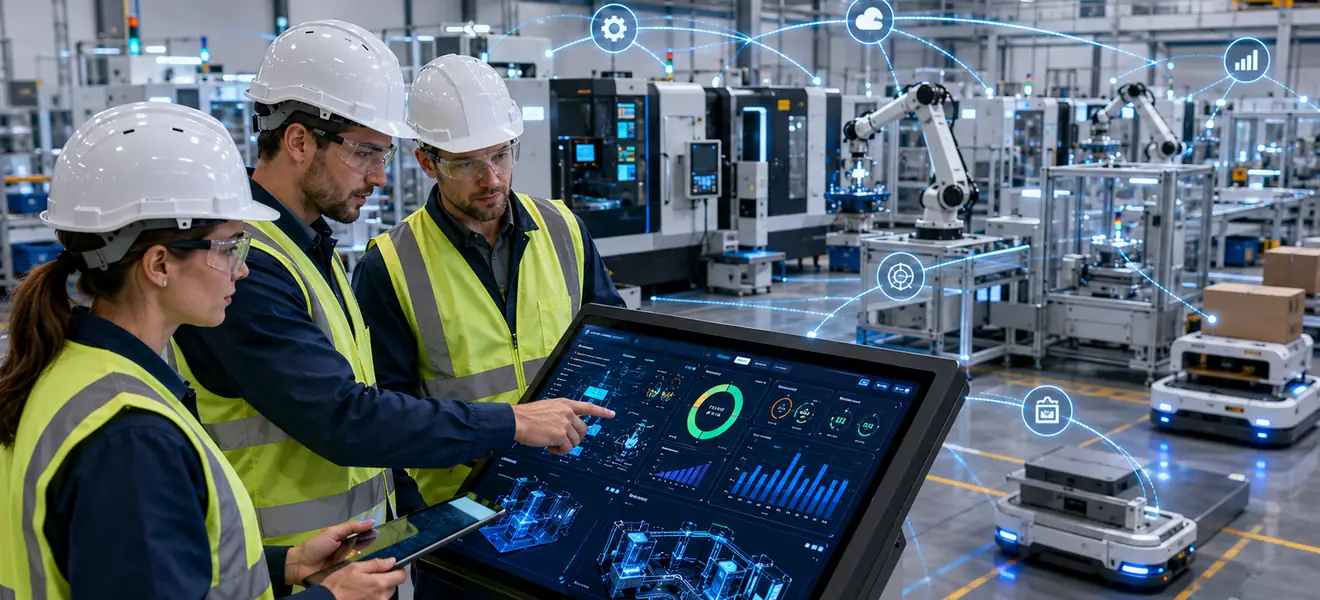 Engineers reviewing a connected industrial dashboard on the factory floor