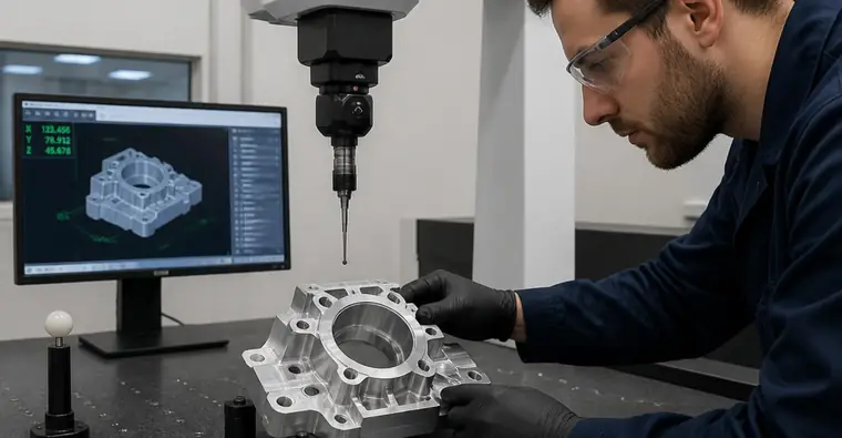 Precision machined component inspected on a coordinate measuring machine