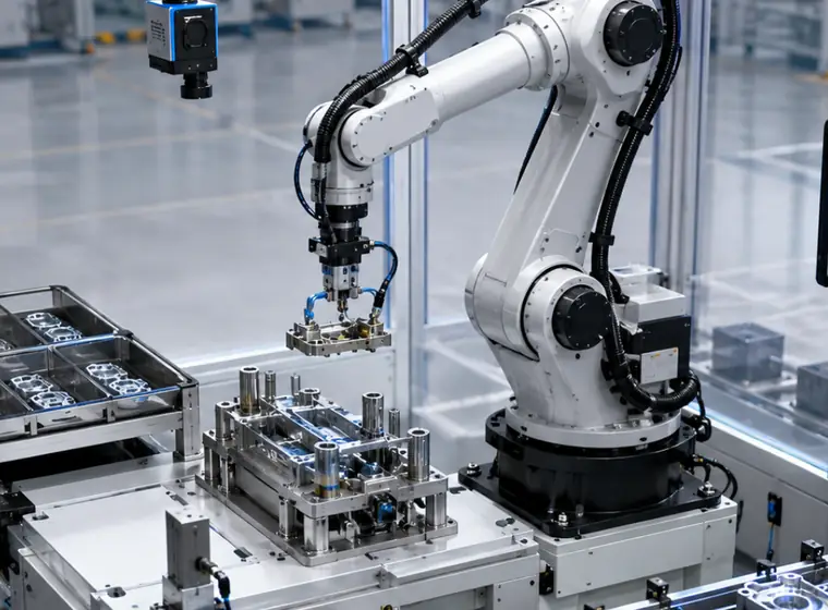 Six-axis industrial robot performing automated assembly